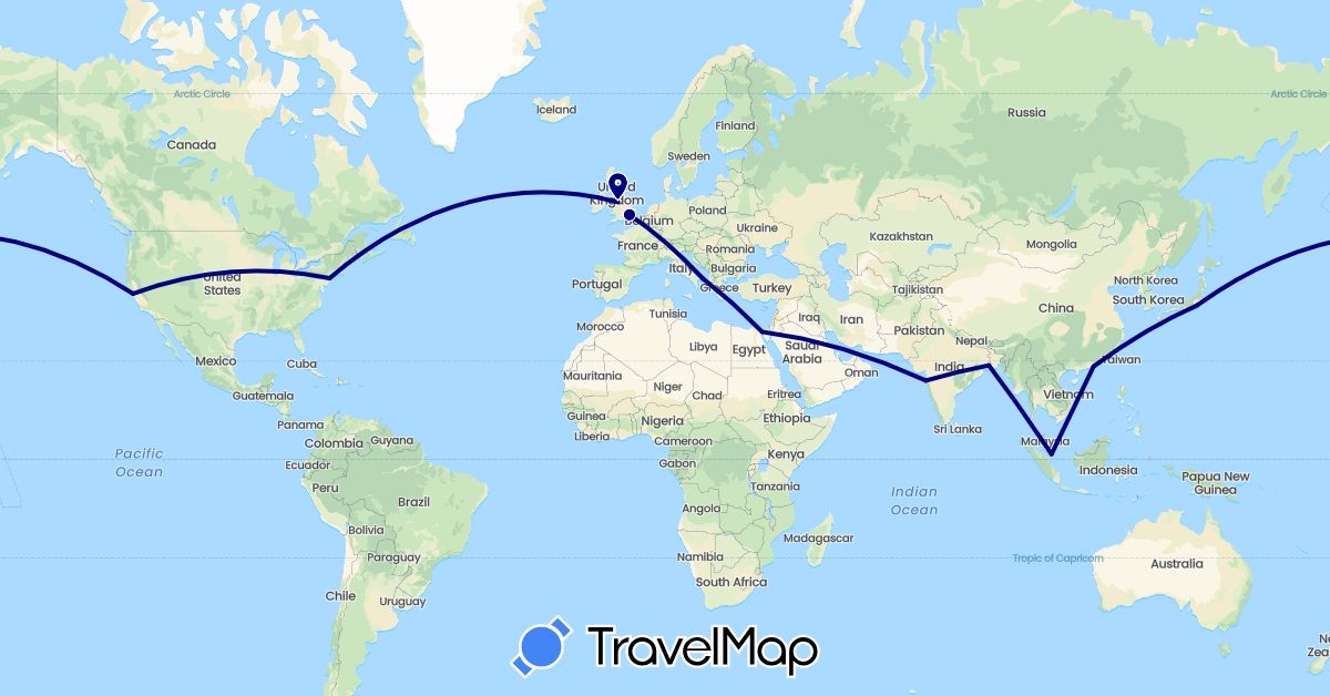 TravelMap itinerary: driving in China, Egypt, United Kingdom, India, Italy, Japan, Singapore, United States (Africa, Asia, Europe, North America)